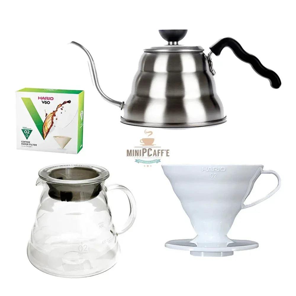 Hario V60 Pour Over Sæt 02 med Buono Kedel og Server Hvid - MiniPCaffe.com